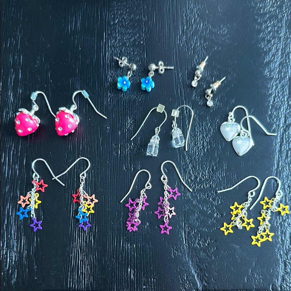 3/$15 Earrings Bundle 8 Pairs Stars Hearts Strawberries Flowers